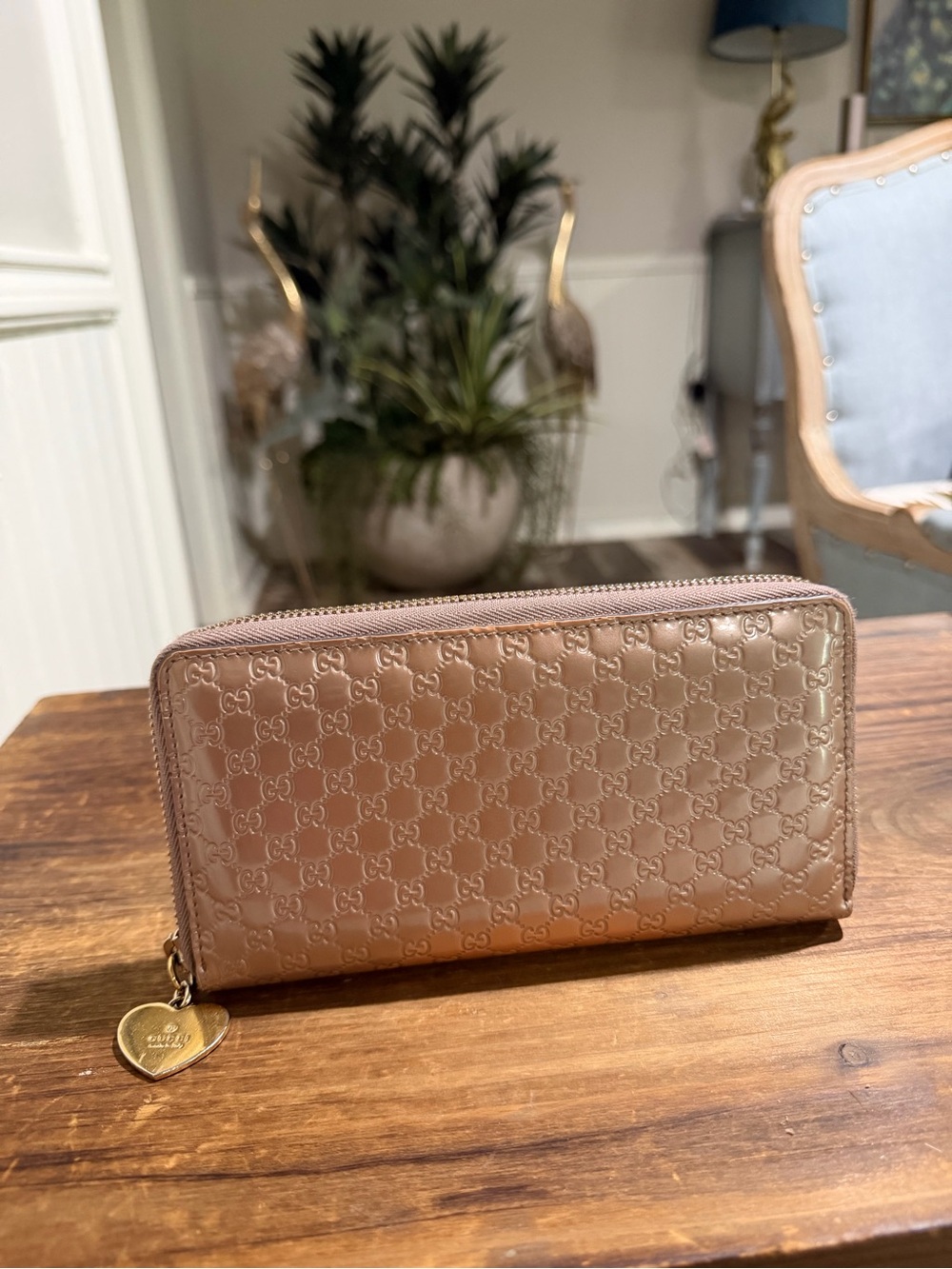 Gucci Blush Beige Embossed Zip Wallet with Gold Heart Charm